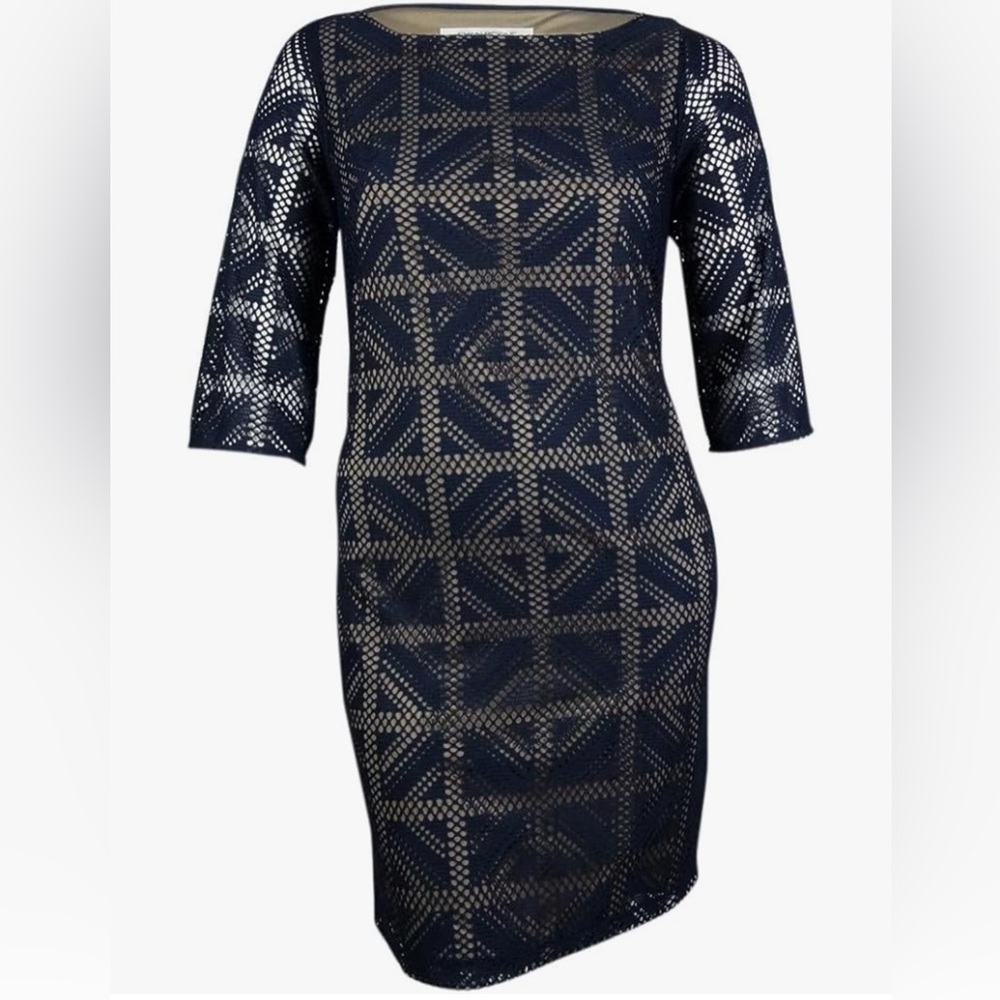 Evan Picone‎ Navy Blue Lace Mesh Shift Dress Size 8 Evening Special Occasion EUC